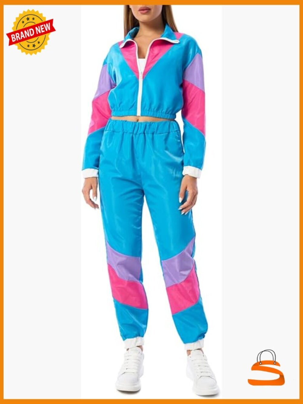 Color Block 2 Piece Tracksuit Set - Long Sleeve Zip Crop Top & Pants